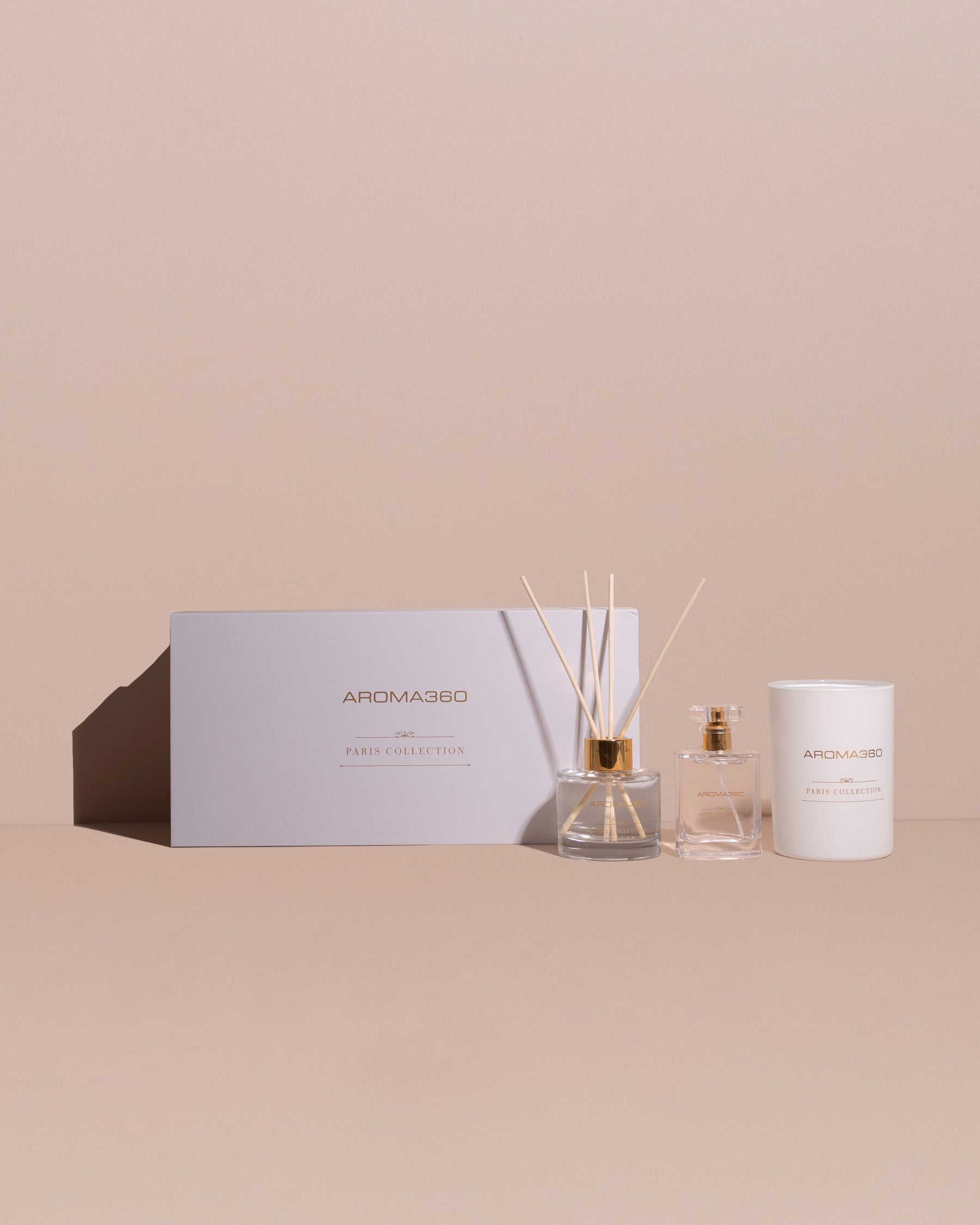 Paris Collection Set - Gift Set with 14oz Candle, Reed Diffuser, and Room Spray - White and Gold - Elegant Aroma for Home & Relaxation