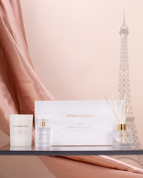 Paris Collection Set - Gift Set with 14oz Candle, Reed Diffuser, and Room Spray - White and Gold - Elegant Aroma for Home & Relaxation